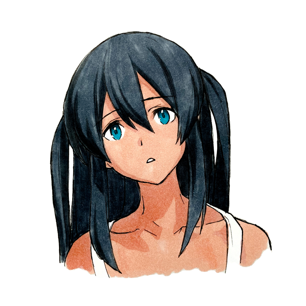 1girl, bare_shoulders, black_hair, blue_eyes, captain_earth, collarbone, dark-skinned_female, dark_skin, dress, hair_between_eyes, long_hair, looking_at_viewer, love_helix, mutou_hana, open_mouth, painting_(medium), parted_lips, portrait, solo, traditional_media, twintails, watercolor_(medium), white_background