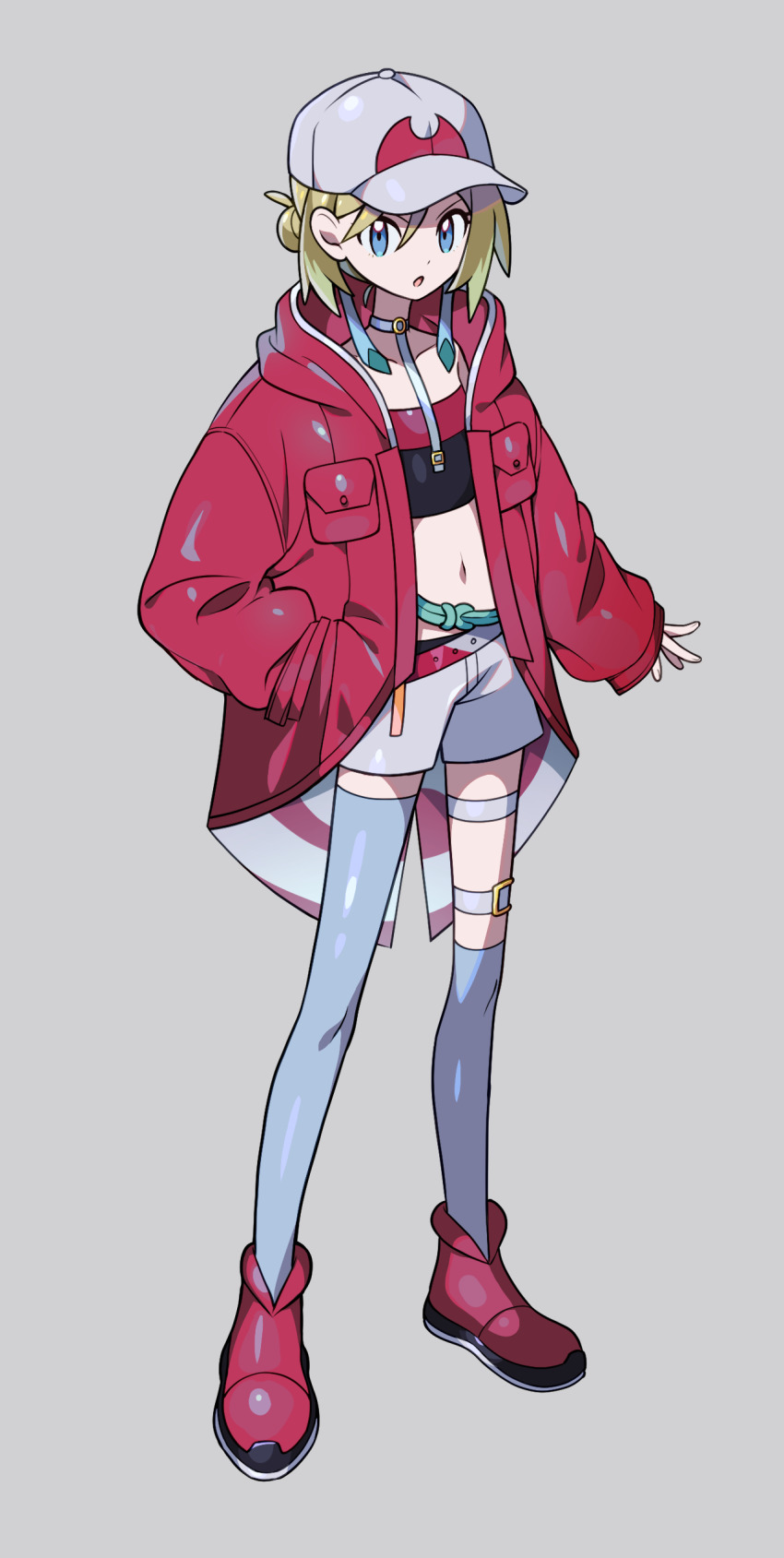 1girl, absurdres, adapted_costume, blonde_hair, blue_eyes, flat_chest, hat, highres, irida_(pokemon), jacket, long_legs, navel, nintendo, open_mouth, pokemon, pokemon_legends:_arceus, red_footwear, short_hair, shorts, simple_background, thighs, tuze111