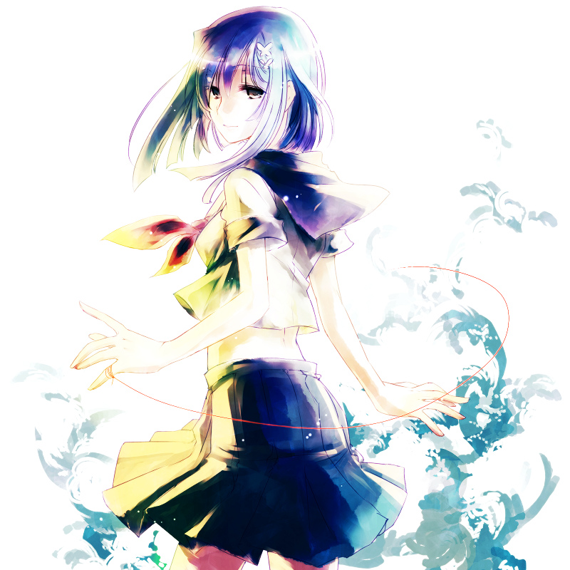 1girl, akai_ito, bad_id, bad_pixiv_id, blue_hair, female_focus, looking_back, purple_eyes