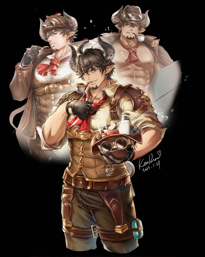 >_o, 1boy, abs, anjingkuxiao, ascot, bara, barawa, bare_pectorals