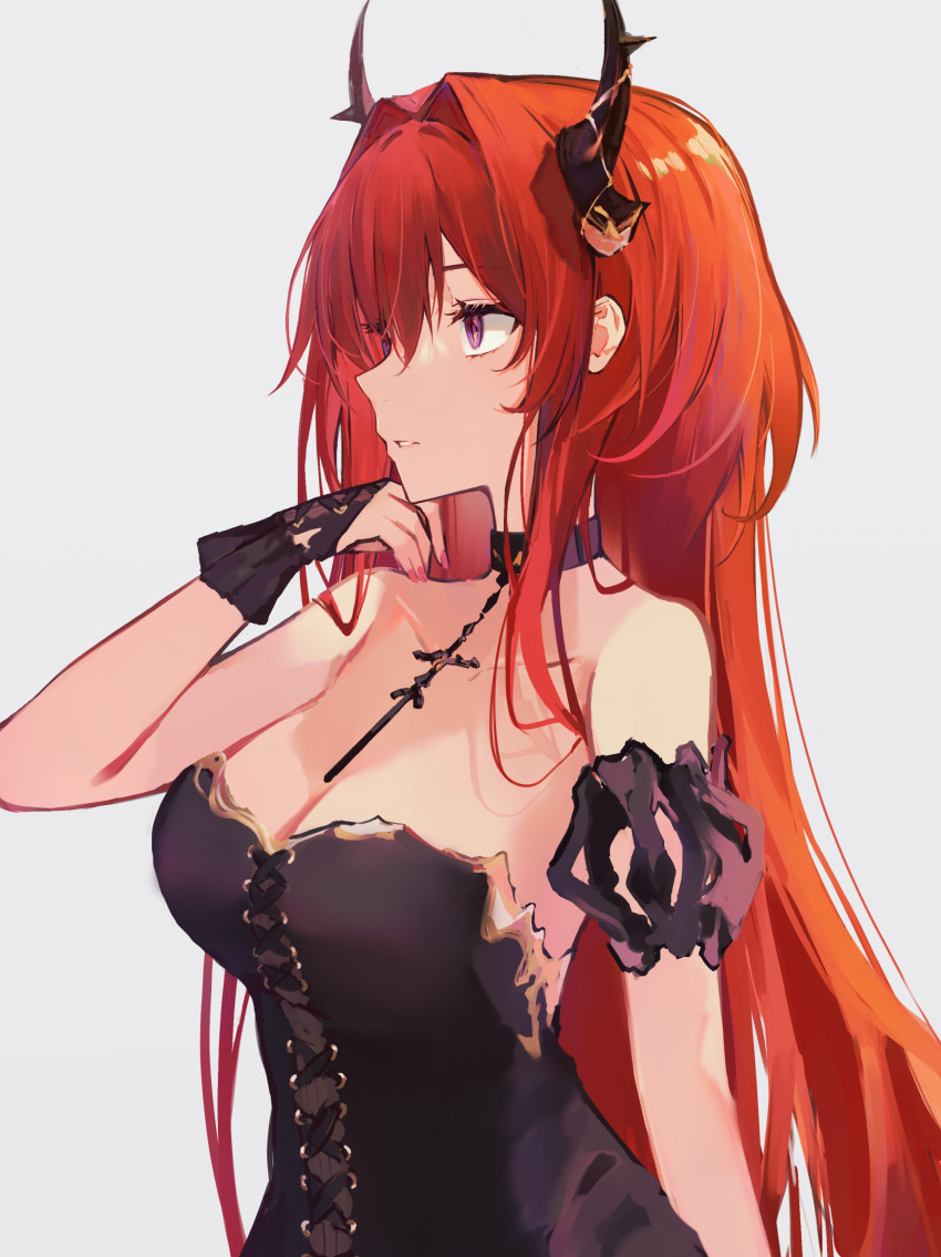 1girl, absurdres, arknights, bare_shoulders, black_dress, breasts, commentary_request, detached_sleeves