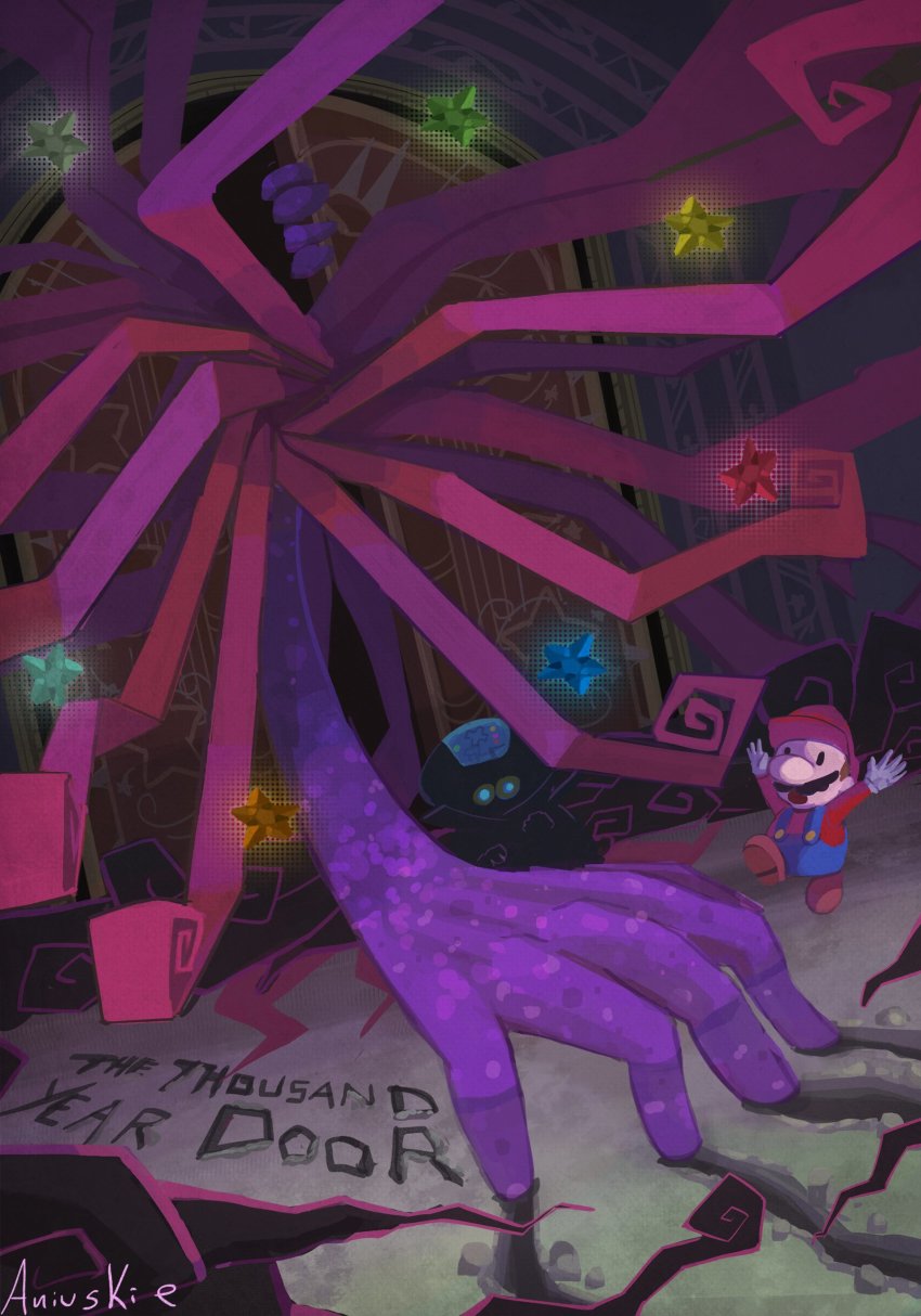 1girl, 2boys, absurdres, ani_(puniper), crystal, cyborg, door, facial_hair