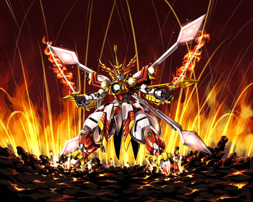 00s, bakushinmaru, dual_wielding, fire, god_gundam, gundam, highres, holding