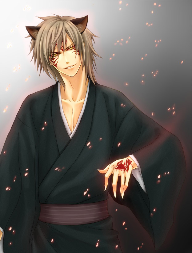 1boy, animal_ears, cat_boy, cat_ears, colored_sclera, embers, facial_mark, fingernails, forehead_mark, gradient_background, handprint, hiiro_no_kakera, japanese_clothes, kimono, kutani_ryou, long_fingernails, male_focus, pink_sclera, red_sclera, slit_pupils, solo, wadumi, whisker_markings, white_background, yellow_eyes