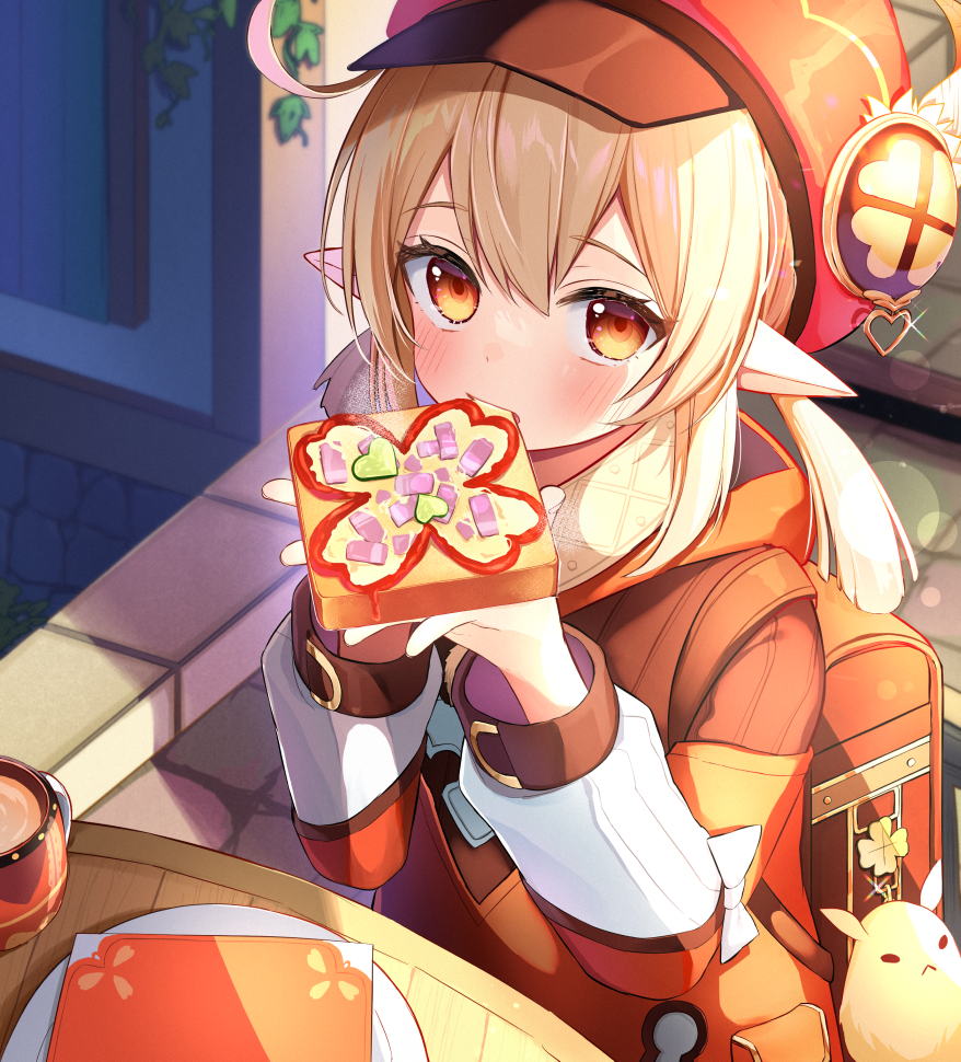 1girl, ahoge, backpack, bag, bag_charm, blurry, bread, bread_slice