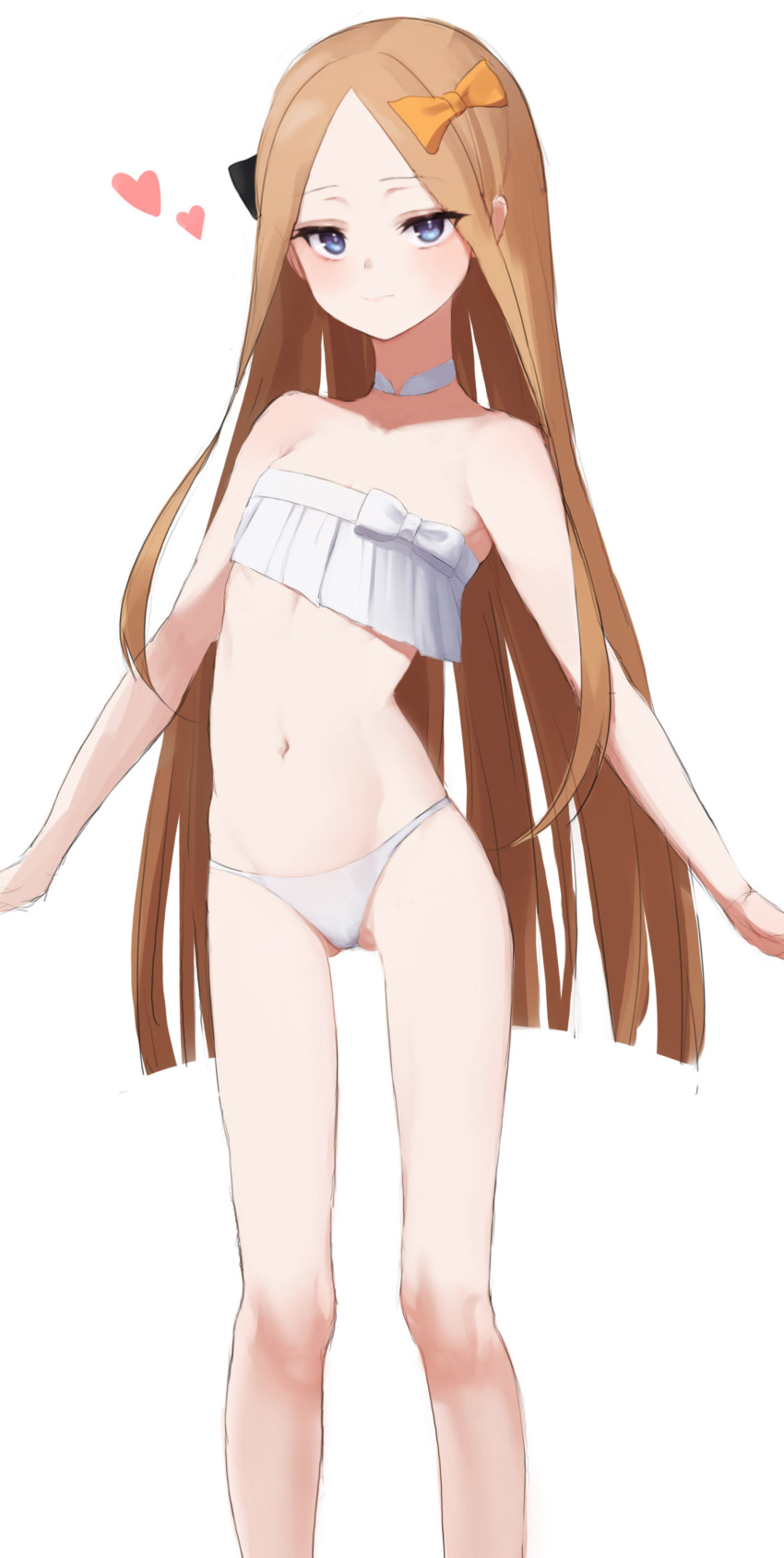 1girl, abigail_williams_(fate), absurdres, bare_shoulders, bikini, black_bow, blonde_hair, blue_eyes, blush, bow, breasts, fate/grand_order, fate_(series), forehead, gadeung_hye, hair_bow, highres, long_hair, looking_at_viewer, navel, orange_bow, parted_bangs, sidelocks, small_breasts, solo, swimsuit, thighs, twintails, very_long_hair, white_bikini