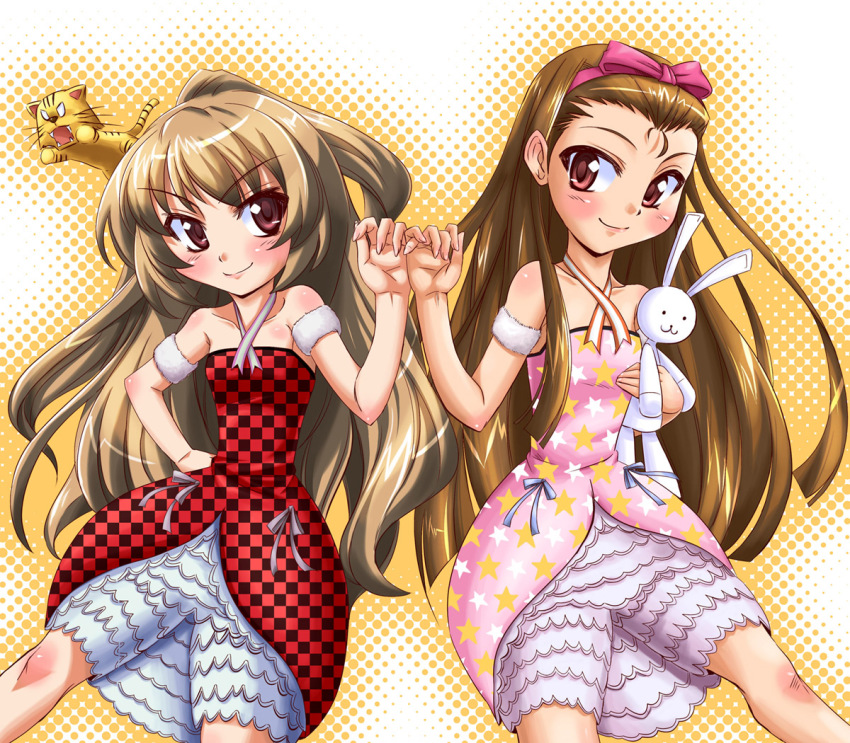 2girls, aisaka_taiga, bloomers, brown_eyes, brown_hair, cosplay, crossover, cute_&amp;_girly_(idolmaster)