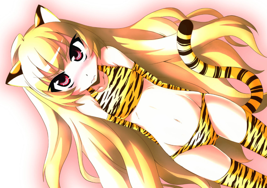 1girl, aisaka_taiga, animal_ears, animal_print, bikini, blonde_hair, blush, dutch_angle, elbow_gloves, female_focus, flat_chest, gloves, long_hair, nikyu, red_eyes, solo, swimsuit, tail, thighhighs, tiger_ears, tiger_girl, tiger_print, tiger_tail, toradora!