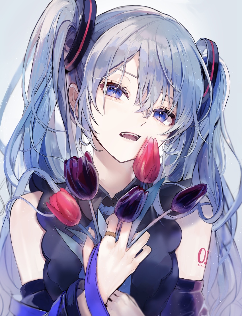 1girl, absurdres, arm_tattoo, black_flower, black_shirt, black_tulip, blue_eyes, blue_hair