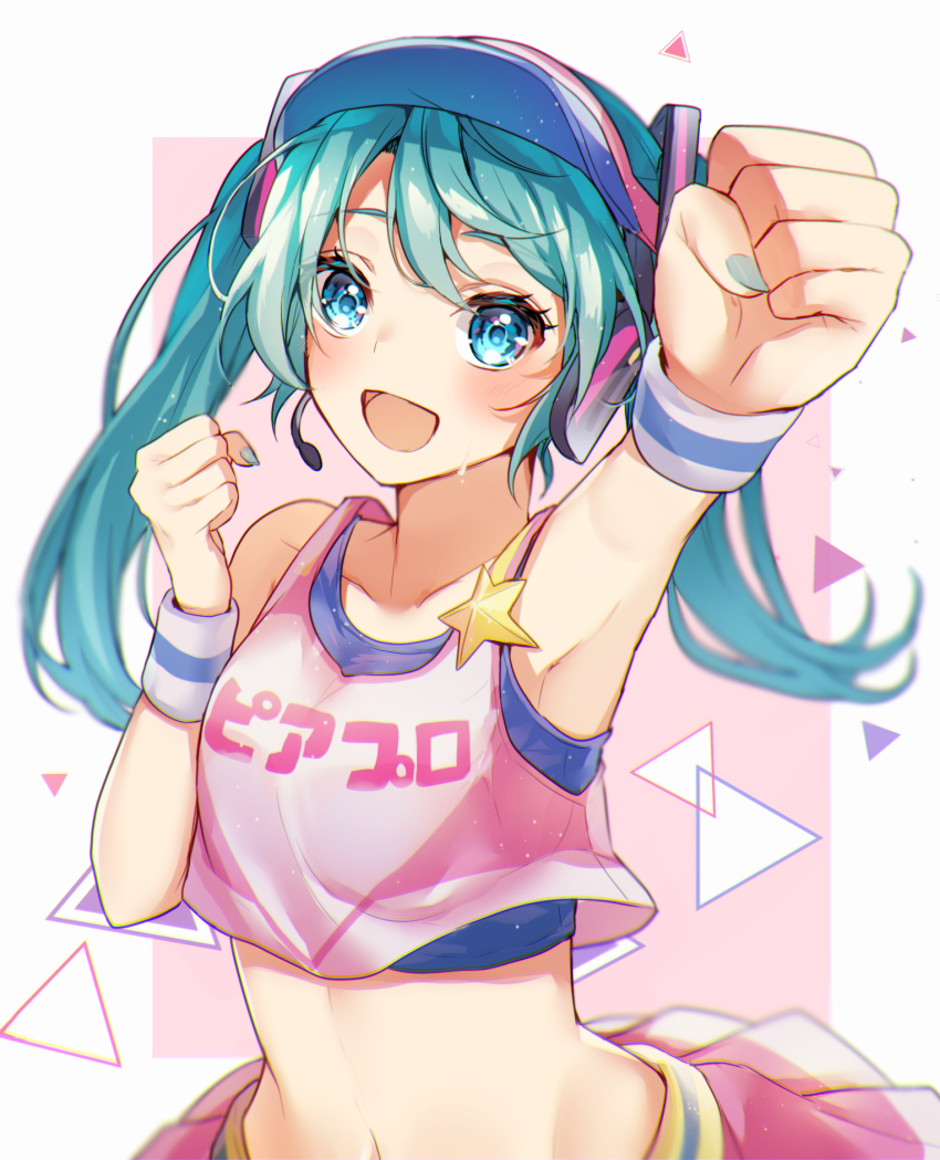 1girl, :d, aqua_nails, armpits, aryuma772, blue_eyes, blue_hair, blush