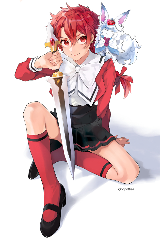 1boy, alexander_(fate), alternate_costume, arm_support, black_footwear, bow, braid, braided_ponytail, commentary_request, cosplay, creature, crossdressing, crossdressing_(mtf), fate/grand_order, fate_(series), fou_(fate), full_body, hair_between_eyes, hair_ribbon, holding, holding_sword, holding_weapon, knee_up, large_bow, legs, long_sleeves, looking_at_viewer, magic_knight_rayearth, male_focus, pleated_skirt, ponytail, potti-p, red_eyes, red_hair, red_legwear, red_serafuku, ribbon, school_uniform, serafuku, shadow, shidou_hikaru_(cosplay), sidelocks, simple_background, sitting, skirt, smile, socks, sword, trap, twitter_username, weapon, white_background, white_bow
