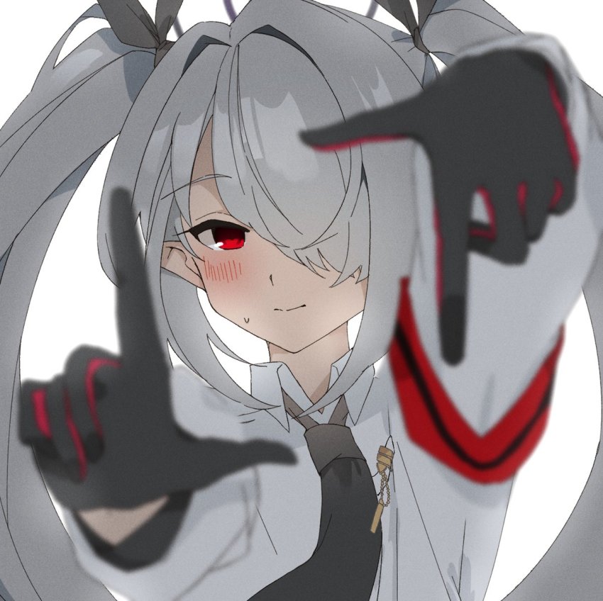 1girl, armband, asymmetrical_bangs, azisai, black_gloves, black_necktie, black_ribbon, blue_archive, blurry, blurry_foreground, blush, closed_mouth, collared_shirt, dark-skinned_female, dark_skin, finger_frame, gloves, hair_over_one_eye, hair_ribbon, halo, hands_up, iori_(blue_archive), long_hair, looking_at_viewer, necktie, red_eyes, ribbon, shirt, silver_hair, simple_background, solo, sweatdrop, twintails, upper_body, white_background, white_shirt