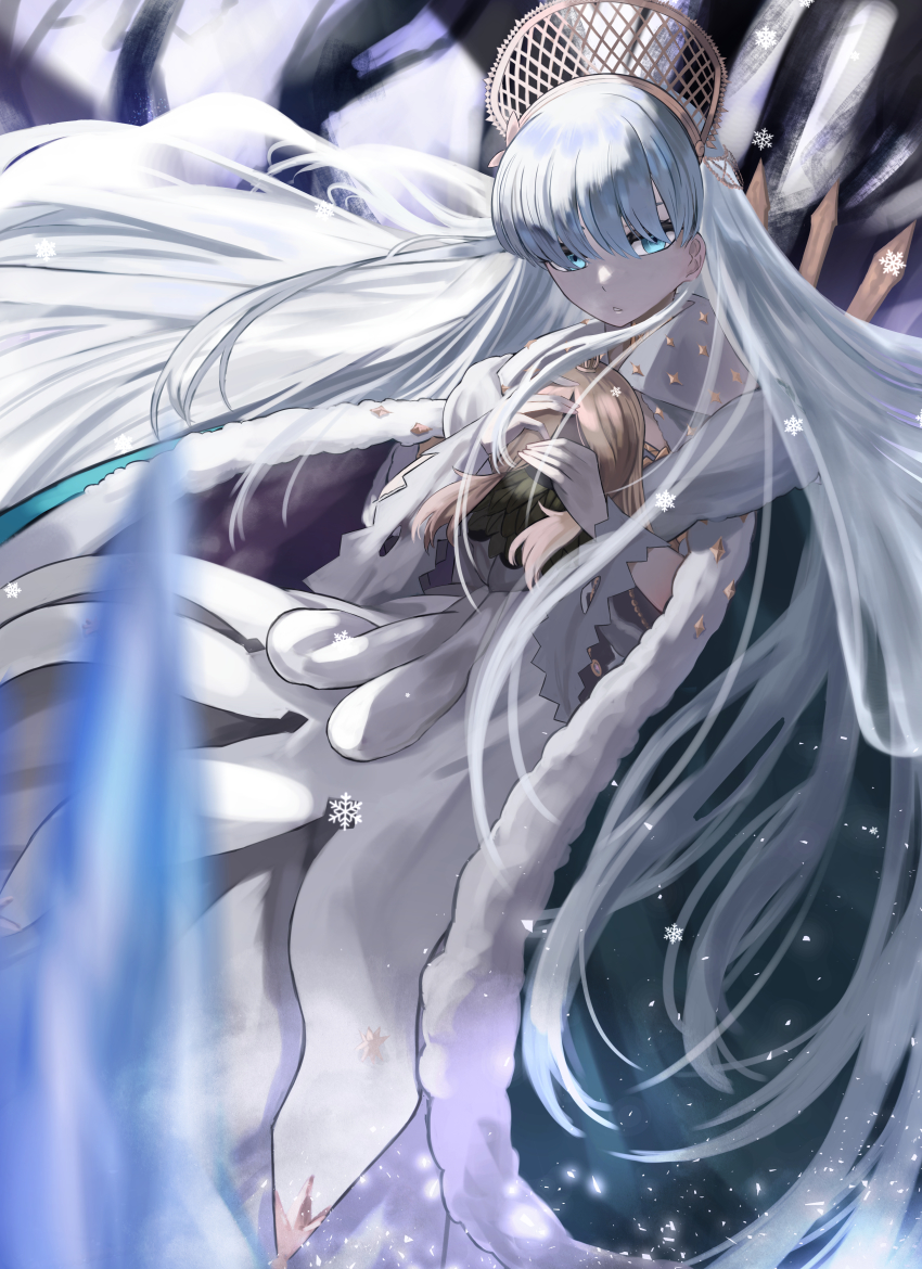 1girl, absurdres, anastasia_(fate), anastasia_(third_ascension)_(fate), blue_eyes, cloak, crown, doll