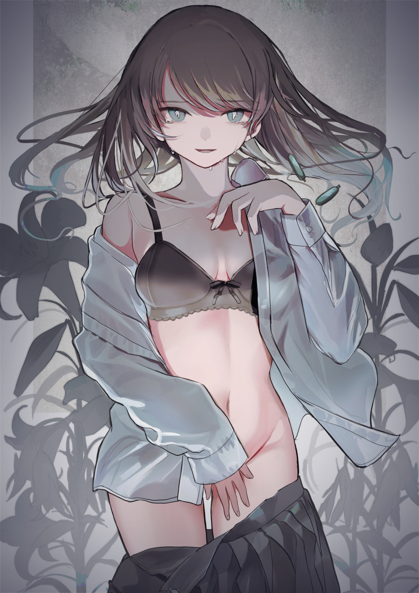 1girl, absurdres, bad_id, bad_pixiv_id, black_bra, black_skirt, blue_eyes, bra
