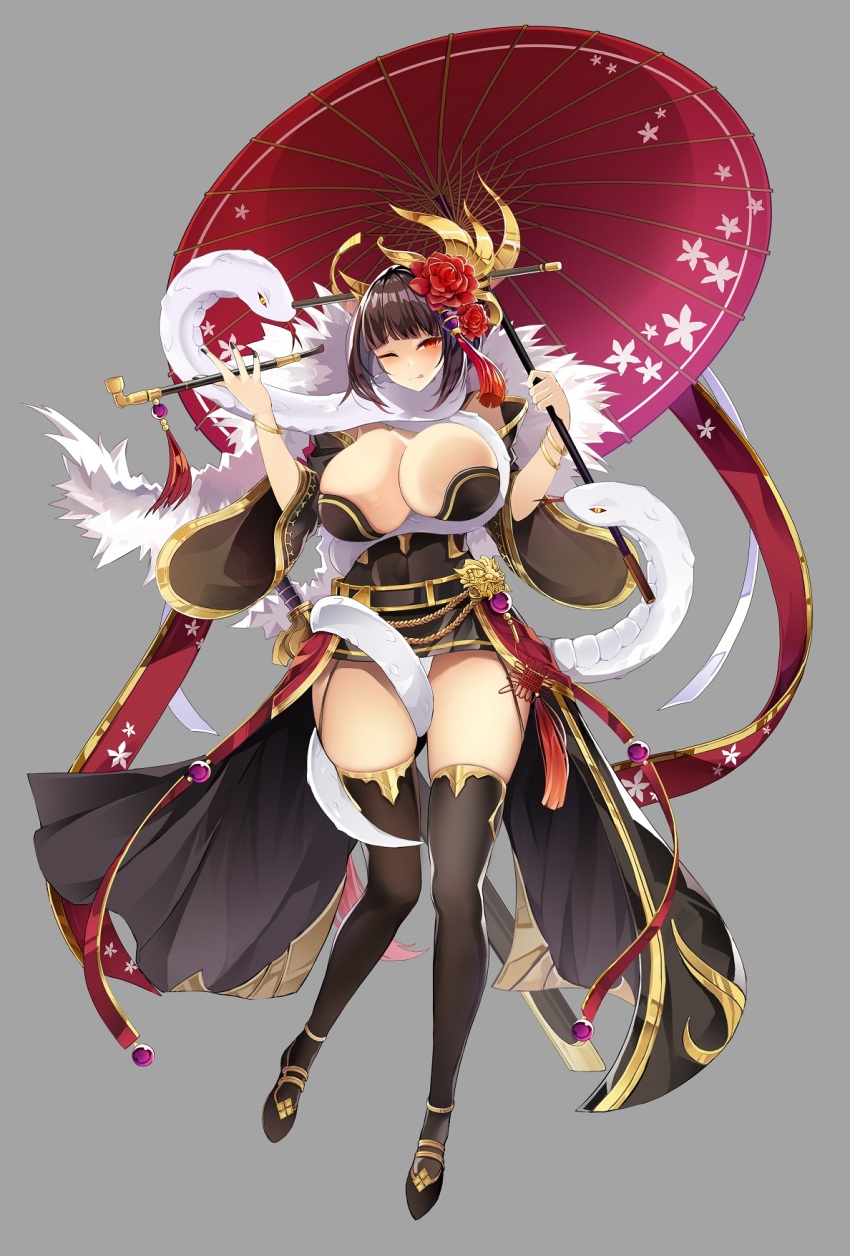 1girl, ;q, black_hair, black_thighhighs, blush, bracelet, breasts, dress