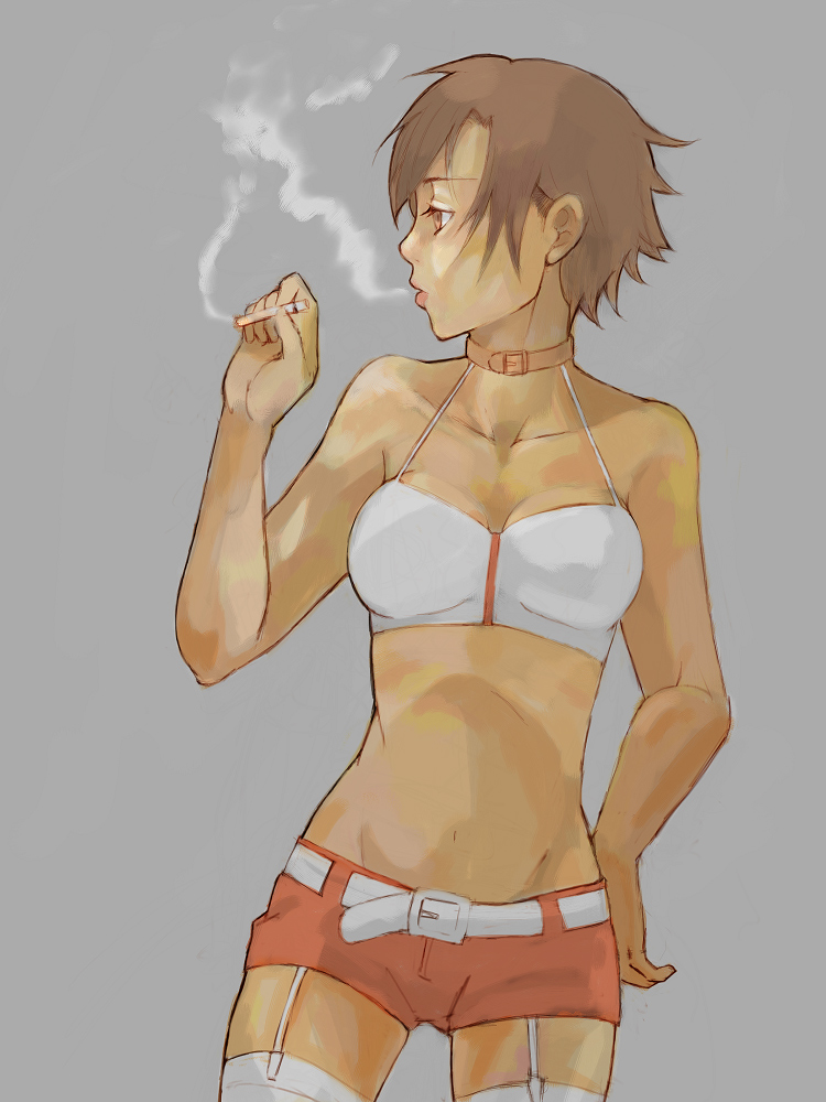 1girl, alternate_hairstyle, belt, breasts, brown_hair, cigarette, collar, female_focus, large_breasts, meiko_(vocaloid), satou_usuzuku, short_hair, shorts, smoke, smoking, solo, thighhighs, vocaloid