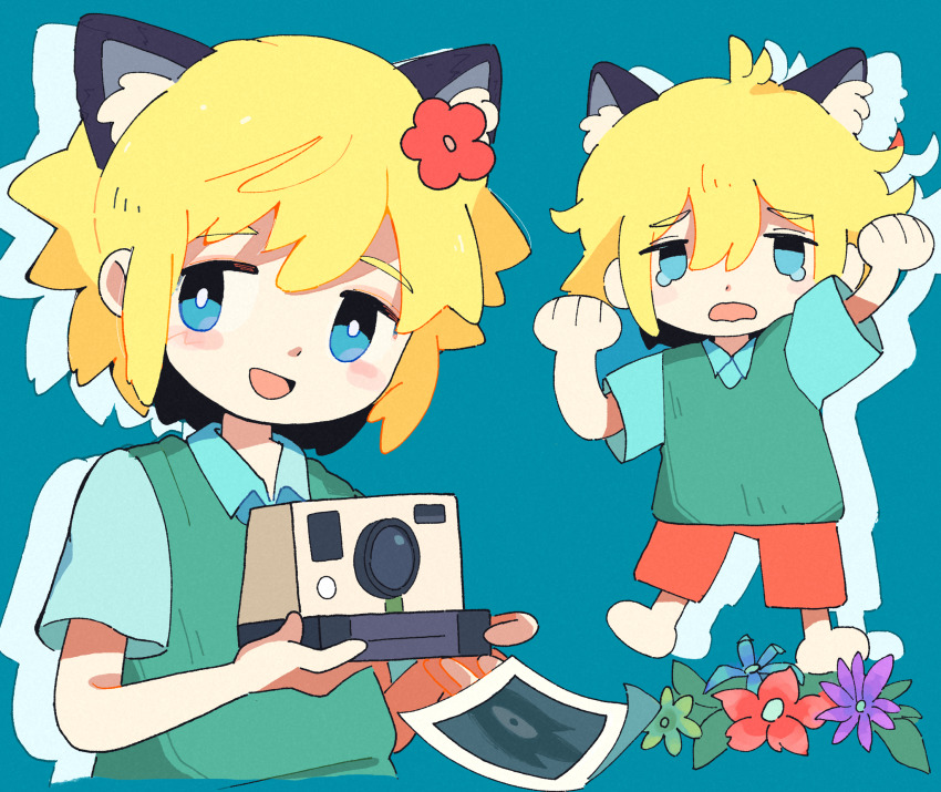 1boy, animal_ears, basil_(omori), blonde_hair, blue_background, blue_eyes, blush, camera