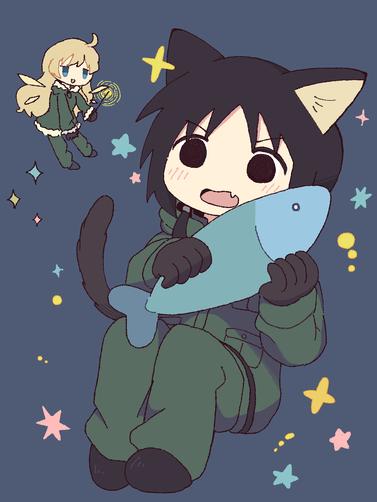 2girls, animal, animal_ears, black_eyes, black_gloves, black_hair, blonde_hair, blue_eyes