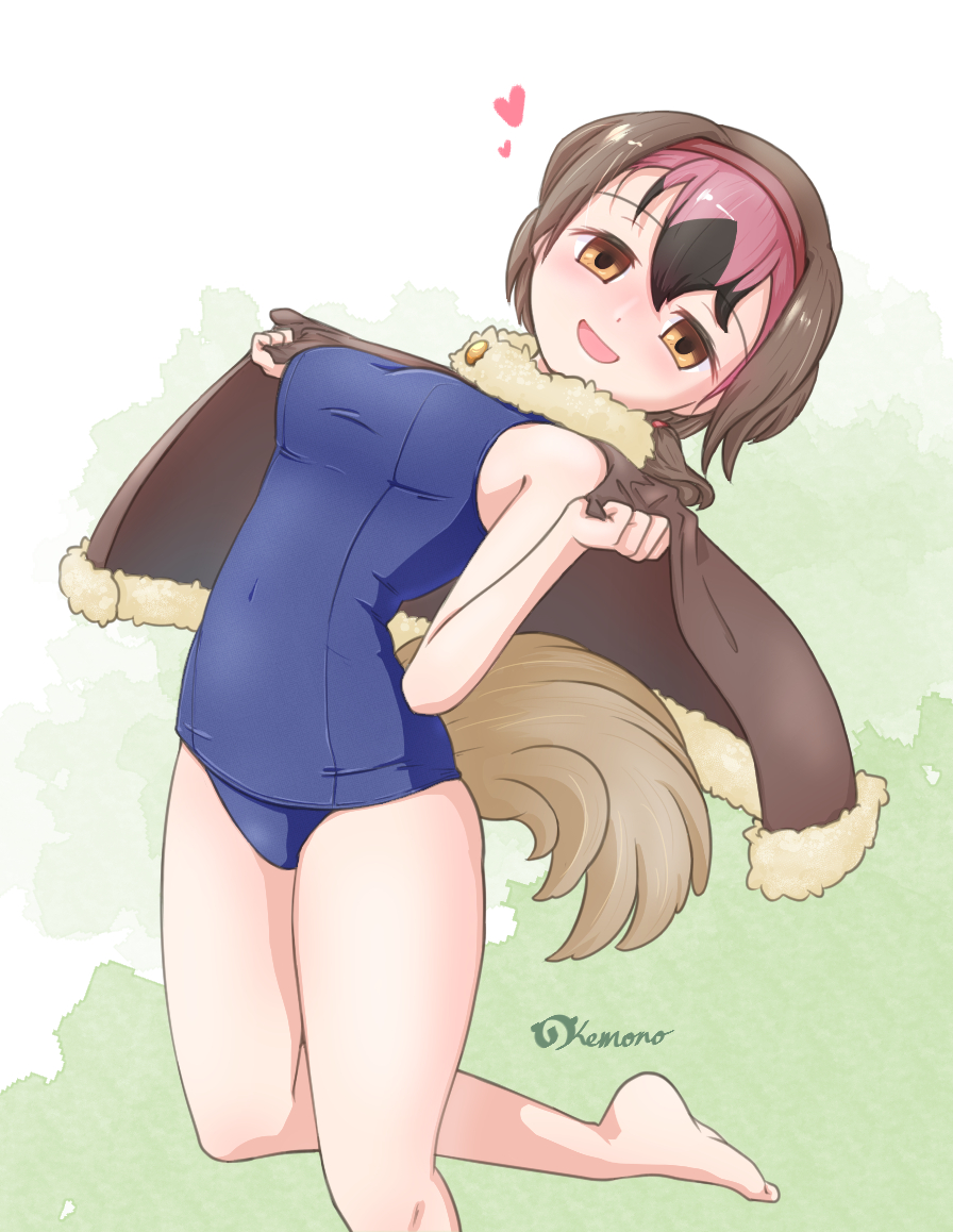 1girl, :d, bare_arms, bare_legs, barefoot, bird_tail, black_hair, blush