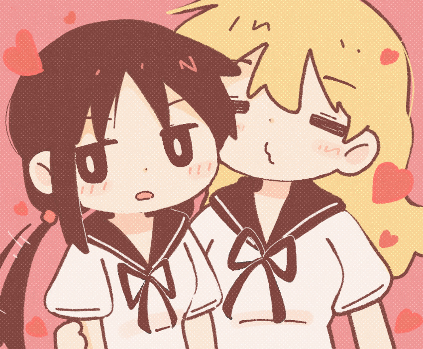 2girls, =_=, alternate_costume, black_eyes, black_hair, blonde_hair, chito_(shoujo_shuumatsu_ryokou), closed_eyes