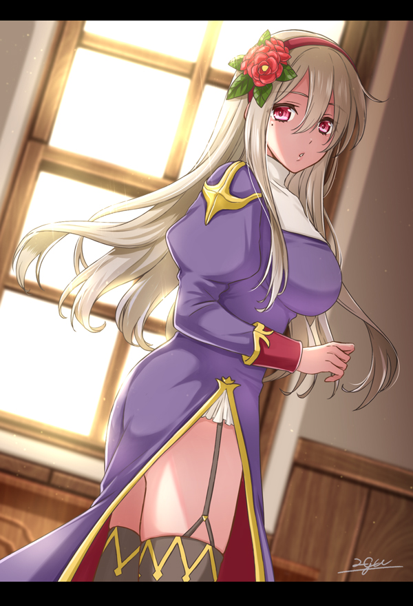 1girl, 20nigu, black_thighhighs, blonde_hair, breasts, commentary_request, cowboy_shot, day