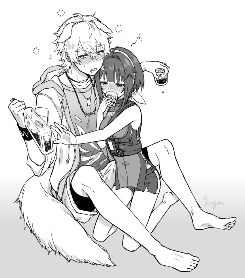 1boy, 1girl, 9kugai, ahoge, animal_ears, arknights, blush, brother_and_sister