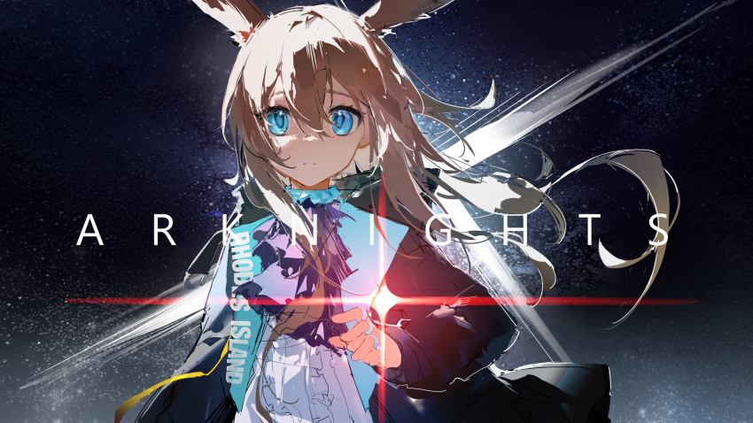 1girl, amiya_(arknights), animal_ears, arknights, auuuie, black_jacket, blue_eyes, brown_hair