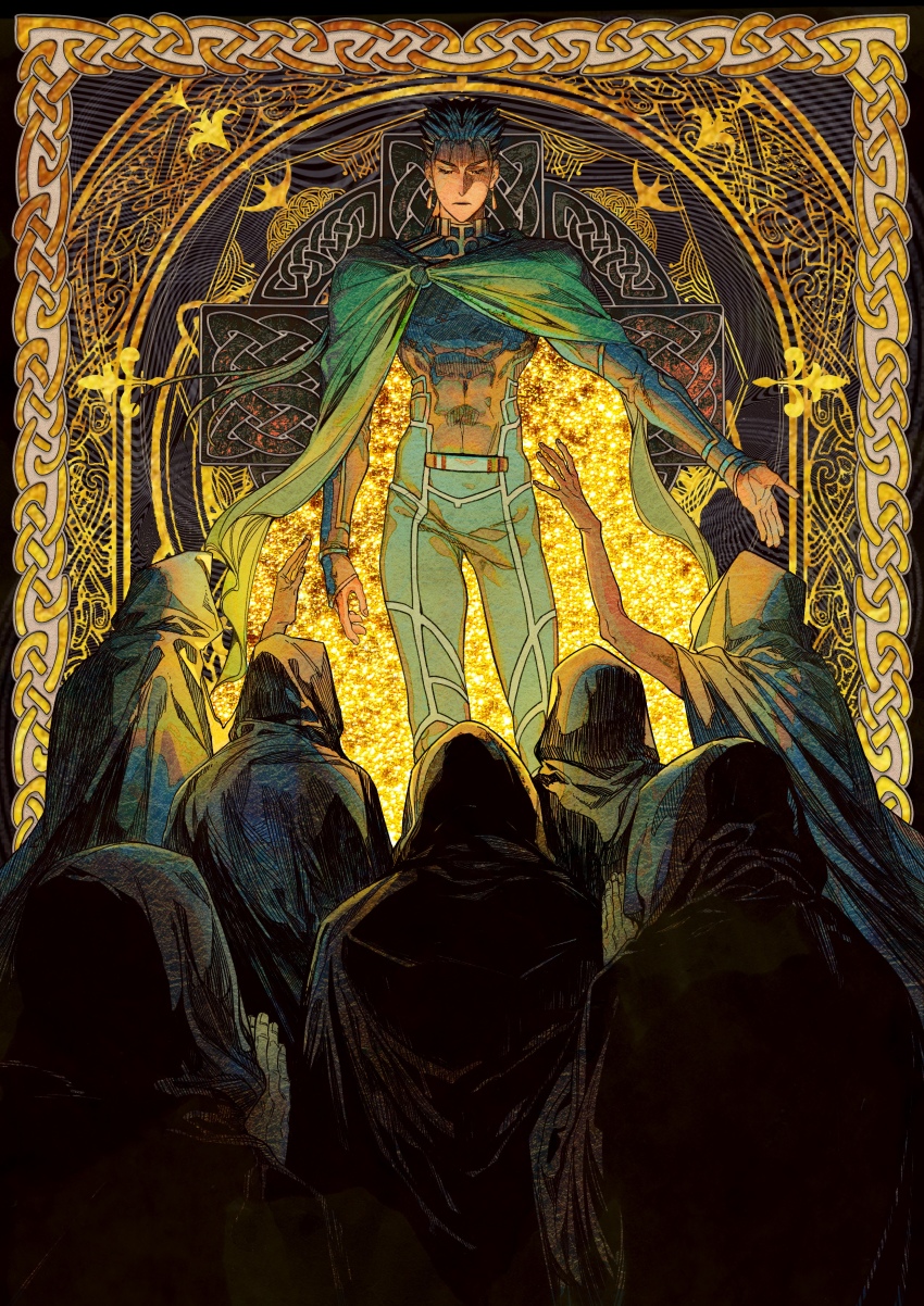 abs, absurdres, alternate_costume, animal, bird, blue_hair, border, celtic_knot, cloak, closed_eyes, closed_mouth, cu_chulainn_(fate), cu_chulainn_(fate/stay_night), cu_chulainn_(lancer)_(fate), earrings, fate/stay_night, fate_(series), fi-n-ona, highres, jewelry, male_focus, muscular, muscular_male, pants, skin_tight, sparkle, spiked_hair