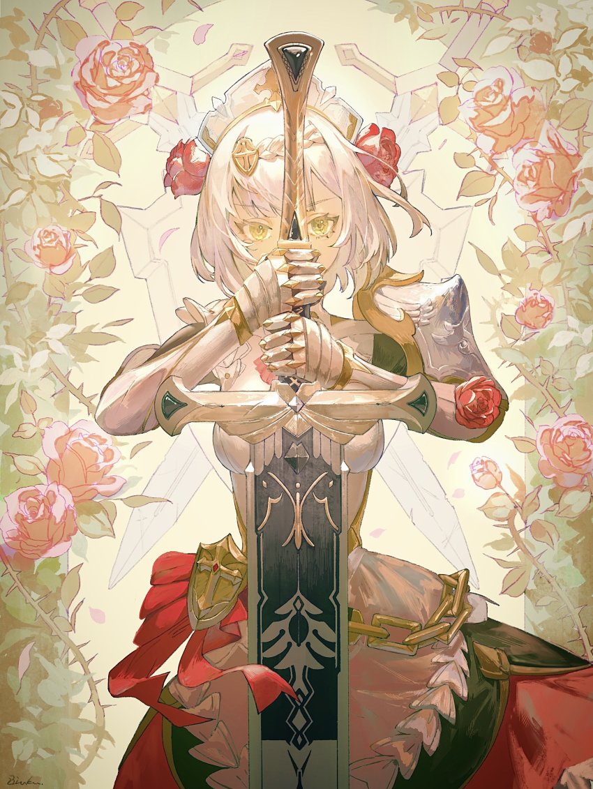 1girl, absurdres, armor, armored_dress, braid, braided_bangs, breasts, chain, dress, flower, gauntlets, genshin_impact, greatsword, green_eyes, hair_flower, hair_ornament, highres, holding, holding_sword, holding_weapon, leaf, maid_headdress, mizuku_hei, noelle_(genshin_impact), petals, plant, red_flower, red_rose, rose, short_hair, solo, sword, vines, weapon, white_hair