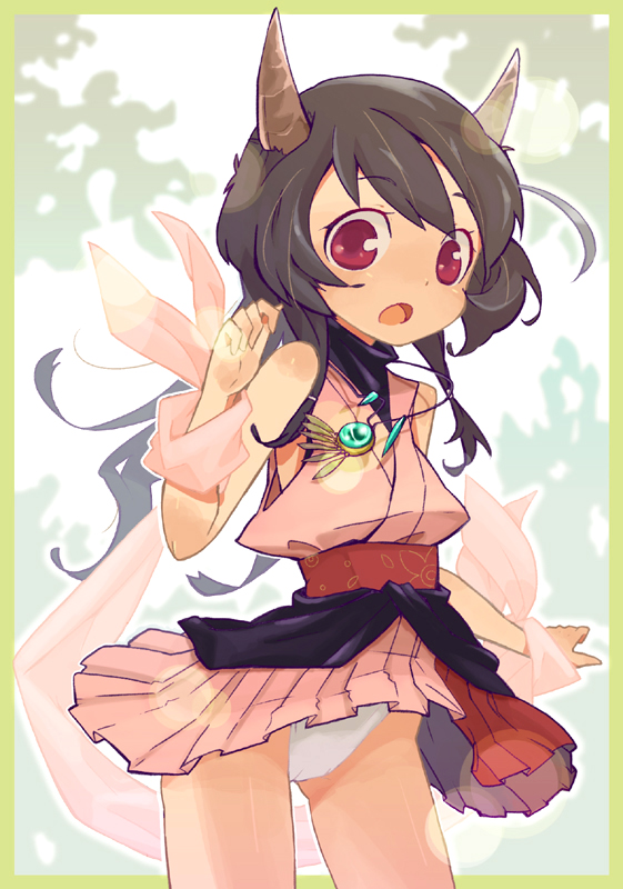 1girl, brown_hair, female_focus, horns, japanese_clothes, naga_(staygarden), red_eyes, ryuujin_naga