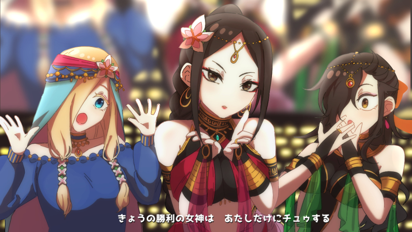 3boys, alternate_breast_size, alternate_costume, alternate_hairstyle, black_hair, blonde_hair, blue_dress, blue_eyes