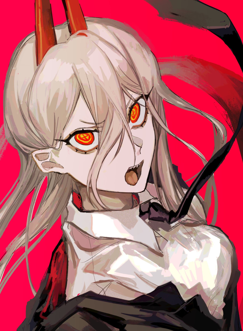 +_+, 1girl, aegyo_sal, blonde_hair, breasts, chainsaw_man, collared_shirt, cross-shaped_pupils