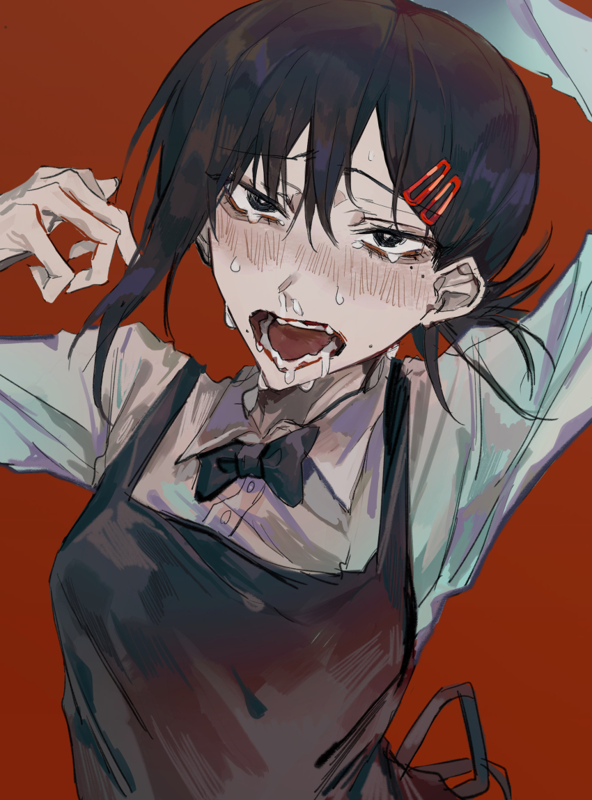 1girl, absurdres, apron, black_apron, black_eyes, black_hair, blush, bow