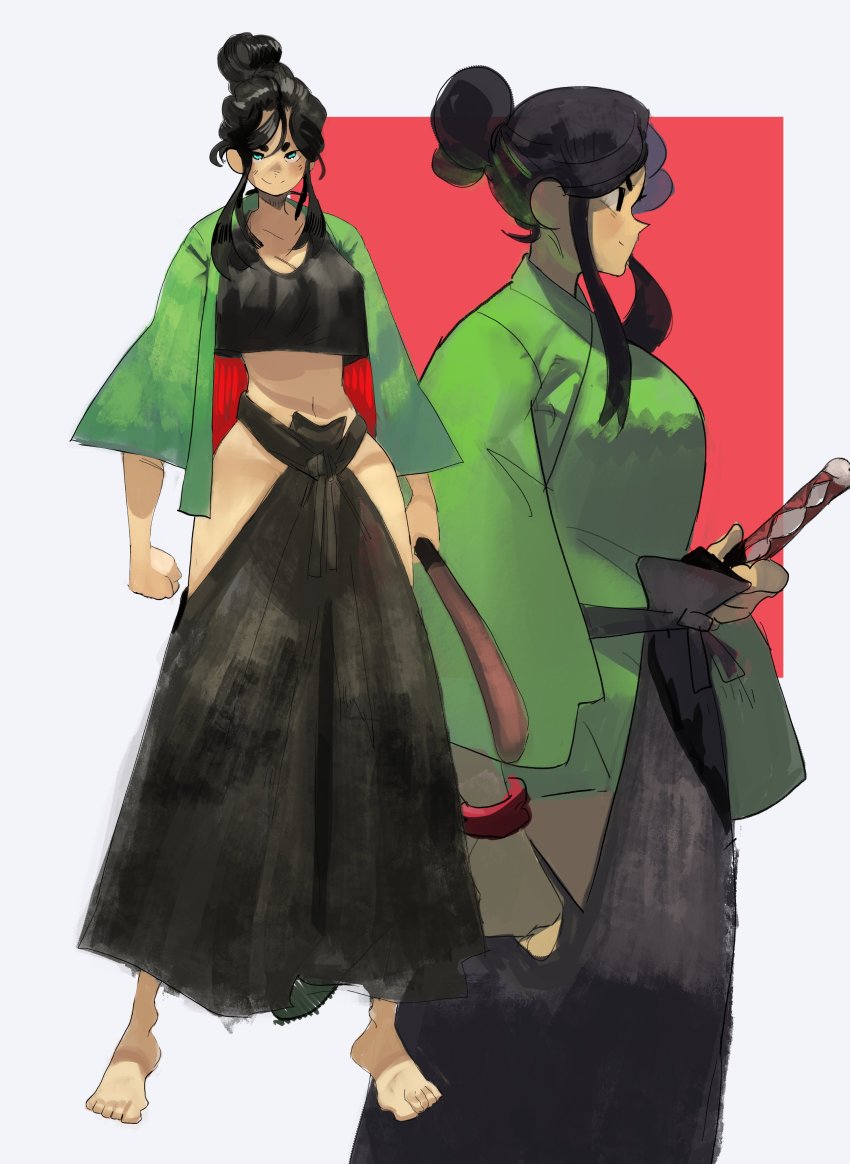 1girl, absurdres, aqua_eyes, barefoot, black_hair, black_skirt, clothing_cutout, hair_bun