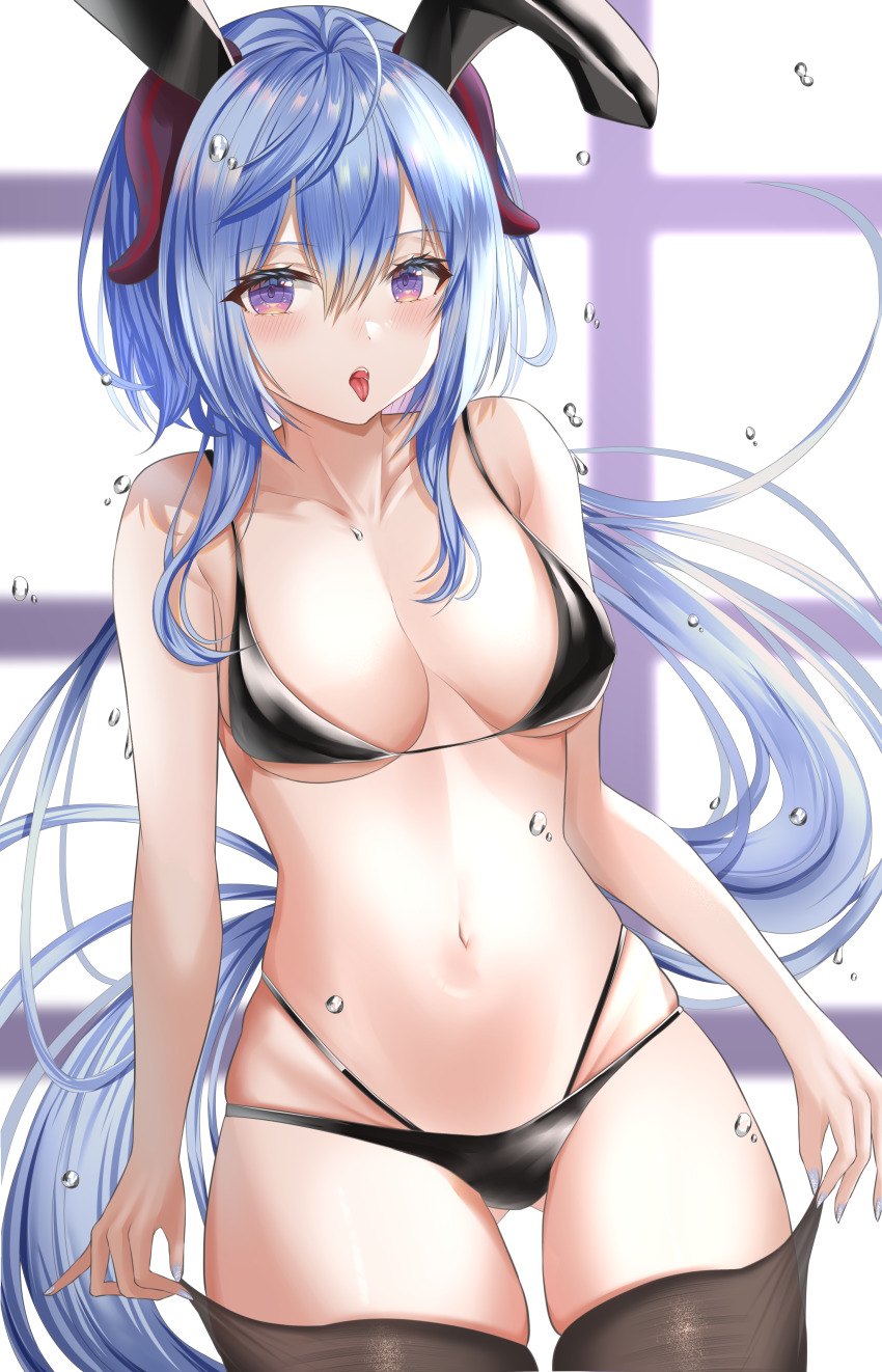 1girl, absurdres, alternate_costume, animal_ears, bikini, black_bikini, black_thighhighs, blue_hair, blue_nails, breasts, cleavage, collarbone, cowboy_shot, dutch_angle, fake_animal_ears, ganyu_(genshin_impact), genshin_impact, goat_horns, hair_between_eyes, highres, horns, long_hair, looking_at_viewer, medium_breasts, nail_polish, navel, open_mouth, playboy_bunny_bikini, playboy_bunny_swimsuit, pulling_own_clothes, purple_eyes, rabbit_ears, sachiko_nya, simple_background, skindentation, solo, string_bikini, swimsuit, thighhighs, thighhighs_pull, tongue, tongue_out, water_drop