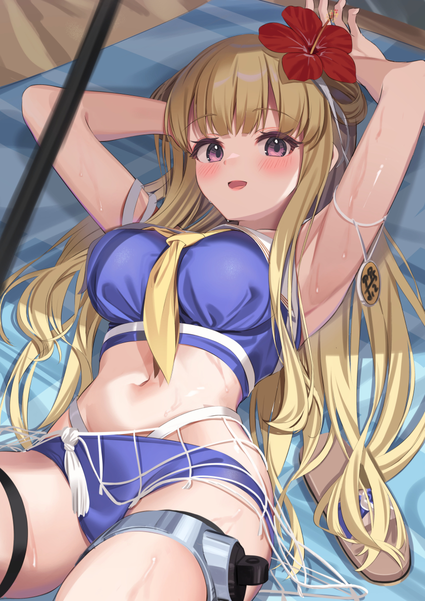 1girl, :d, absurdres, armpits, arms_up, bad_id, bad_pixiv_id, bikini