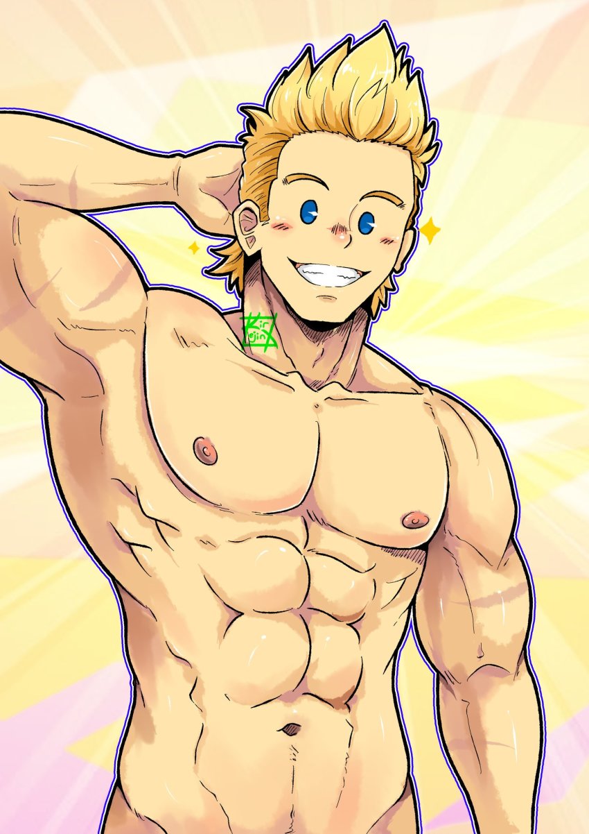 1boy, :d, abs, arm_behind_head, bara, blonde_hair, blue_eyes, blush