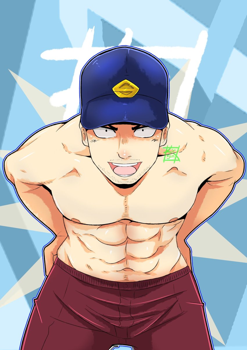 1boy, :d, abs, alternate_facial_hair, bara, baseball_cap, boku_no_hero_academia, cowboy_shot, facial_hair, hat, highres, kir_(kir_keropi), leaning_forward, looking_at_viewer, male_focus, mature_male, navel, navel_hair, nipples, open_mouth, pants, pectorals, red_pants, short_hair, sideburns, smile, solo, stomach, stubble, toned, toned_male, topless_male, yoarashi_inasa