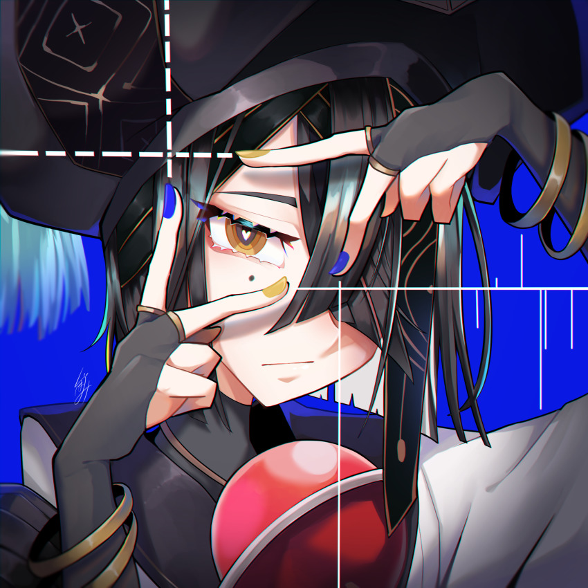 1girl, black_hair, black_hat, bracelet, breasts, bridal_gauntlets, brown_eyes, chinese_clothes