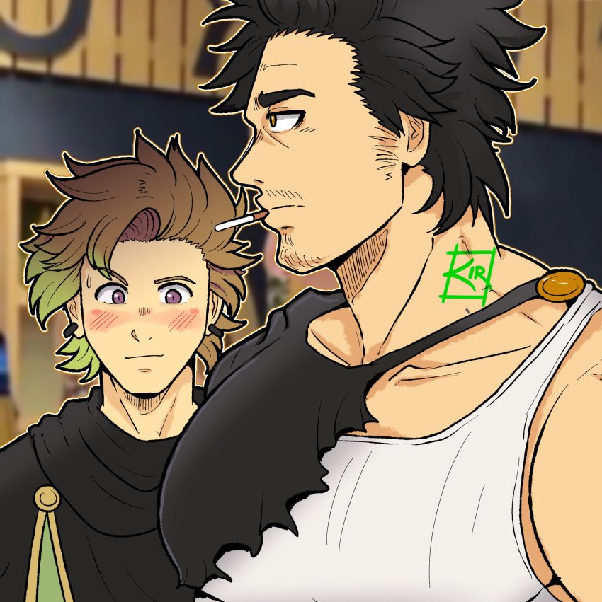 2boys, bara, black_capelet, black_clover, black_hair, blush, breast_envy, capelet, cigarette, facial_hair, finral_roulacase, from_side, girl_staring_at_guy's_chest_(meme), goatee, highres, kir_(kir_keropi), large_pectorals, long_sideburns, looking_at_another, looking_down, male_focus, mature_male, meme, multiple_boys, muscle_envy, muscular, muscular_male, pectoral_focus, pectorals, short_hair, sideburns, spiked_hair, upper_body, yami_sukehiro, yaoi