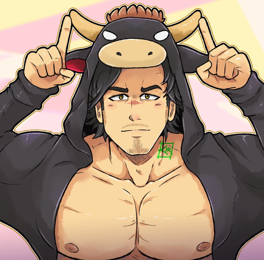 1boy, animal_costume, animal_ears, bara, bare_pectorals, black_clover, black_hair, blush