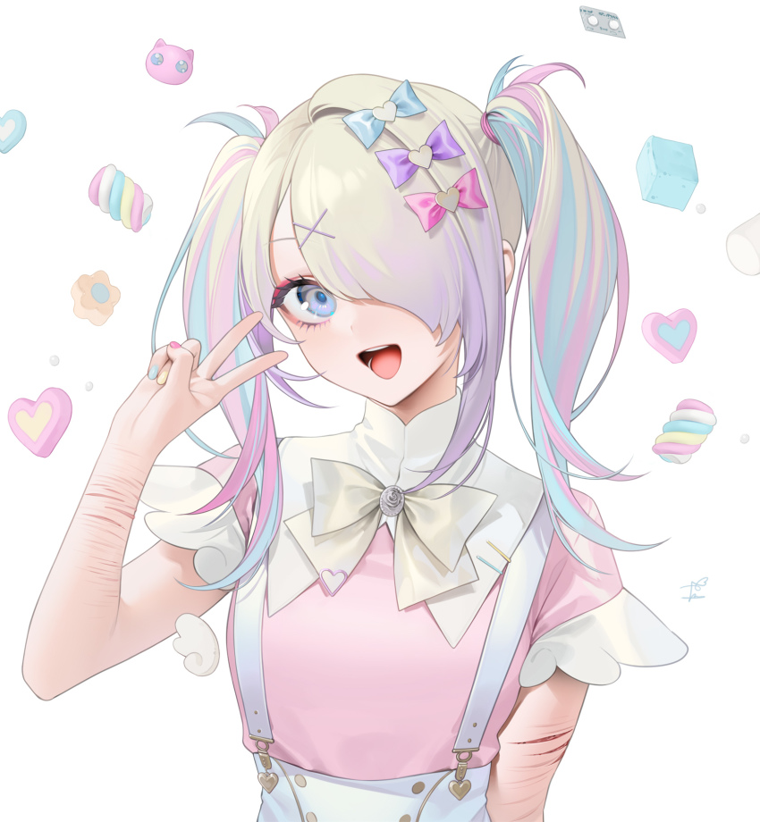 1girl, :d, ame-chan_(needy_girl_overdose), apron, blonde_hair, bow, bowtie, buttons, candy, character_request, check_character, chou_ame-chan_(needy_girl_overdose), chouzetsusaikawa_tenshi-chan, cuts, double-breasted, food, grey_bow, grey_bowtie, hair_bow, hair_ornament, hand_up, highres, injury, looking_at_viewer, multicolored_hair, nail_polish, needy_girl_overdose, ohisashiburi, open_mouth, pink_bow, pink_eyes, pink_hair, pink_nails, pink_shirt, purple_bow, scar, self-harm, self-harm_scar, shirt, short_sleeves, smile, solo, teeth, twintails, two-tone_hair, upper_body, upper_teeth_only, v, white_background, x_hair_ornament