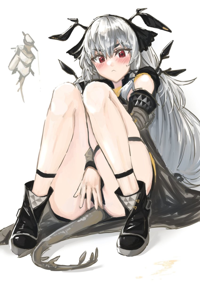 1girl, :<, arknights, bare_legs, blush, buchi_k018, closed_mouth, commentary