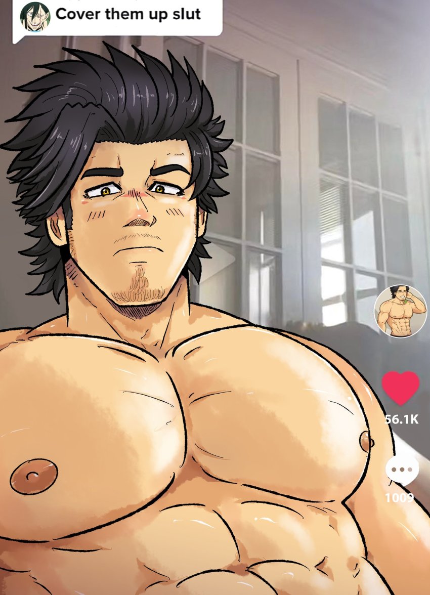 1boy, abs, bara, black_clover, black_hair, cover_them_up_slut_(meme), dialogue_box, highres