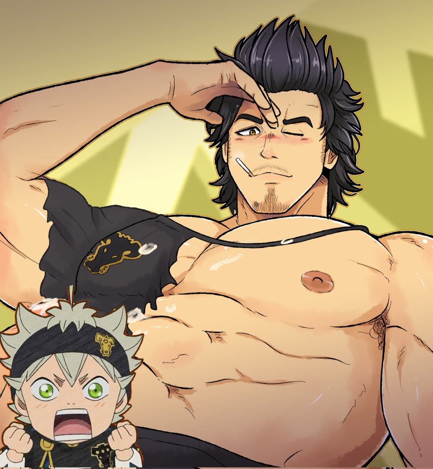 2boys, abs, asta_(black_clover), bara, bare_pectorals, biceps, black_capelet, black_clover