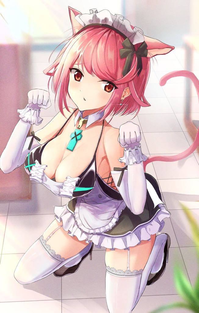 1girl, alternate_costume, animal_ears, breasts, cat_ears, cat_tail, chest_jewel, cleavage, elbow_gloves, gloves, karuushi, large_breasts, maid, maid_headdress, pyra_(xenoblade), red_eyes, red_hair, short_hair, solo, swept_bangs, tail, xenoblade_chronicles_(series), xenoblade_chronicles_2