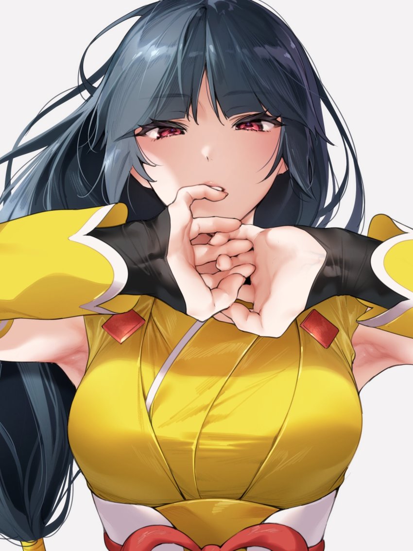 1girl, armpits, black_hair, breasts, commentary_request, detached_sleeves, eyelashes, hands_up
