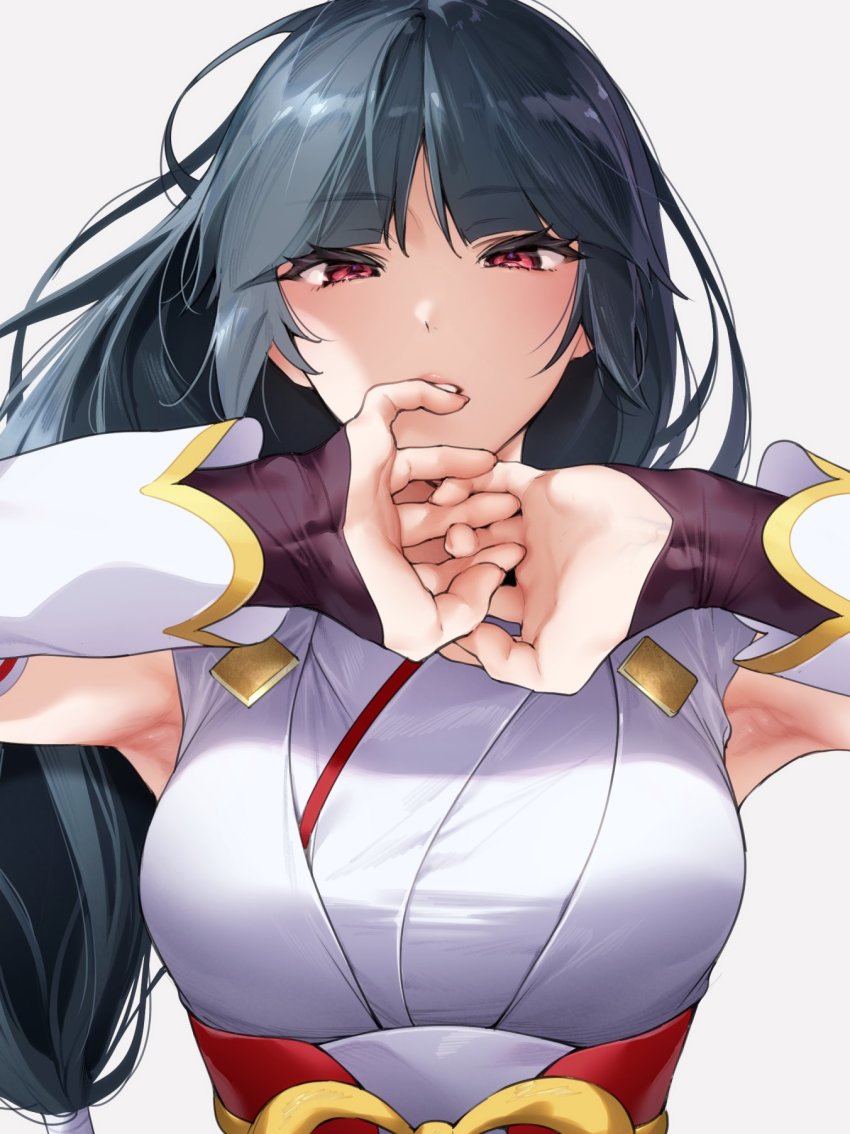 1girl, armpits, black_hair, breasts, commentary_request, detached_sleeves, eyelashes, hands_up, highres, hizuki_akira, long_hair, looking_at_viewer, nintendo, official_alternate_costume, own_hands_together, parted_lips, pokemon, pokemon_masters_ex, red_eyes, red_sash, sabrina_(new_year's_2022)_(pokemon), sabrina_(pokemon), sash, simple_background, solo, upper_body, white_background
