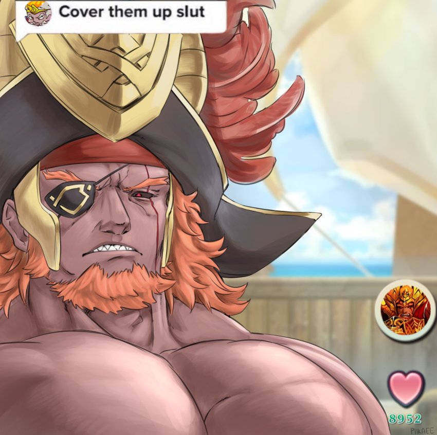 1boy, bara, black_sclera, boat, colored_sclera, cover_them_up_slut_(meme), dark-skinned_male, dark_skin