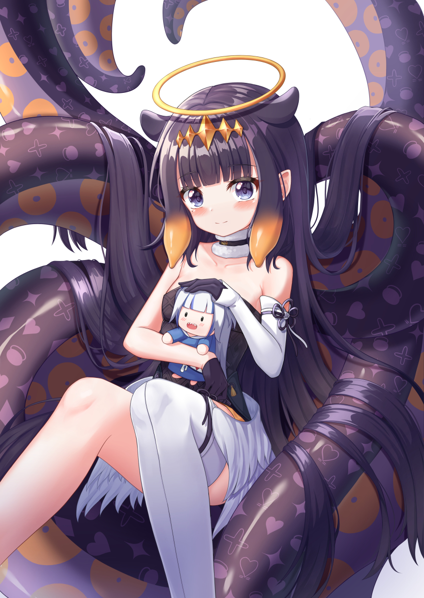 1girl, absurdres, apple_mango, bare_shoulders, black_collar, black_dress, black_gloves, black_hair